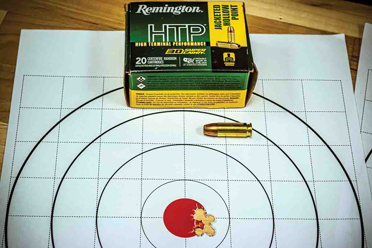 The best performer of the factory ammunition tested was the Remington HTP (High Terminal Performance) 100-grain HP.